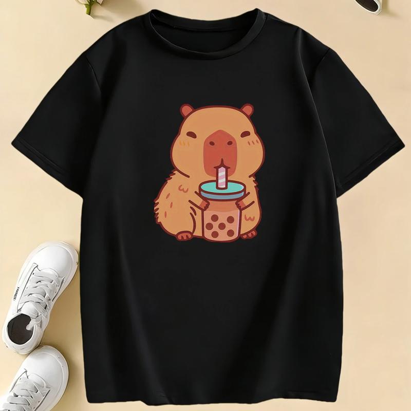 Girls  Cute Capybara Drinking Milk Tea Graphic T Shirts Kids Children s T-shirt Boys Girls Summer Spring Casual Top Tee Shirt 130 чёрный