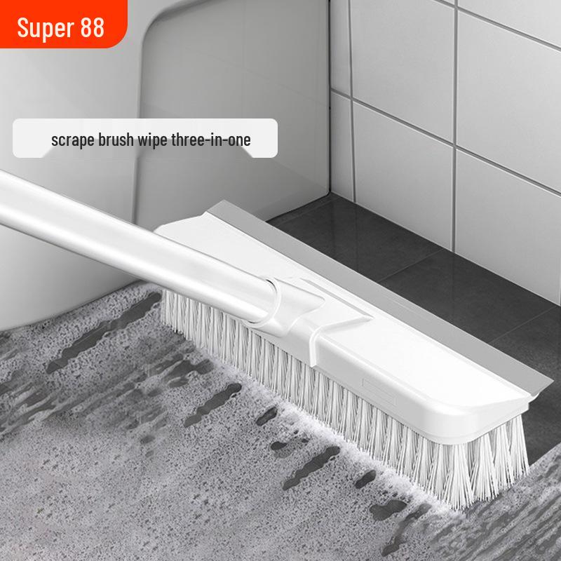 Dual-Function Bathroom Floor Scrubbing Brush with Stiff Bristles and Tile Squeegee
