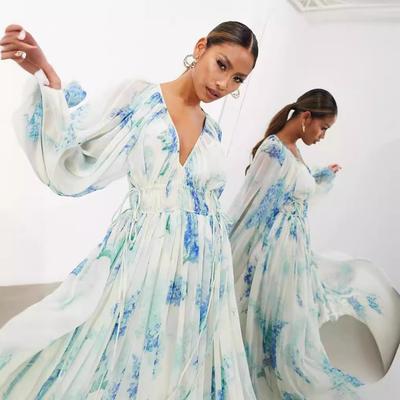 Women's  Spring Summer Floral Chiffon Dress V Neck Sheer Ruched Waist Drawstring Long Sleeve Vintage Dress For European American