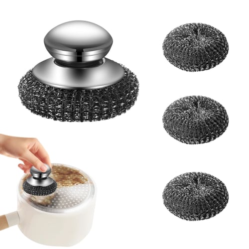 [Kumomi] Canada Eagle Stainless Steel Scrubber, Metal Scrubber with Handle, Steel Scrubber, Main Unit + 4 Replacement Scrubbers, Kitchen Scrubber, Bur