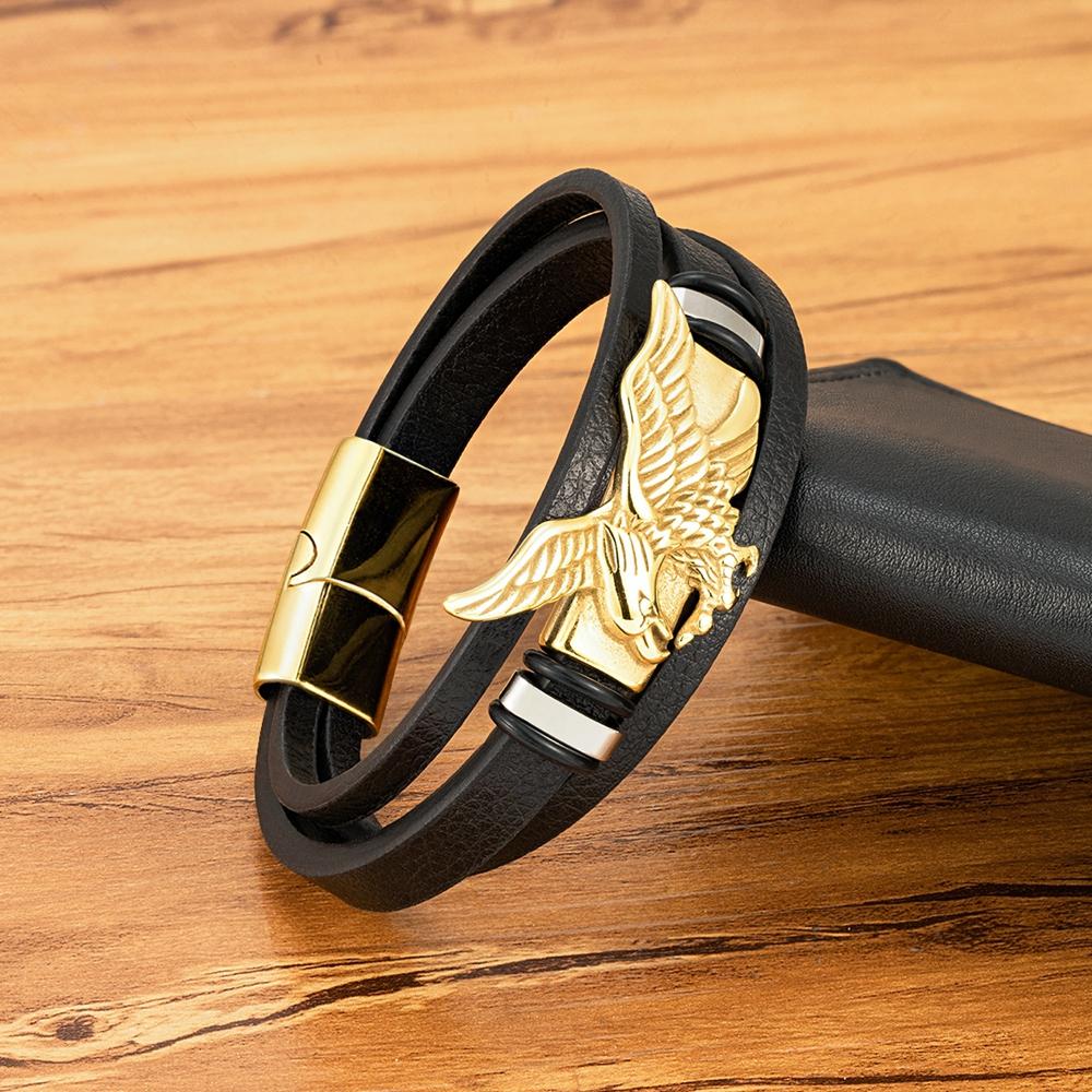 Bracciale Aquila Animale per Uomo Mano Multi-Strati Pelle Nera con Chiusura Magnetica Gioielli Regalo per Fidanzato