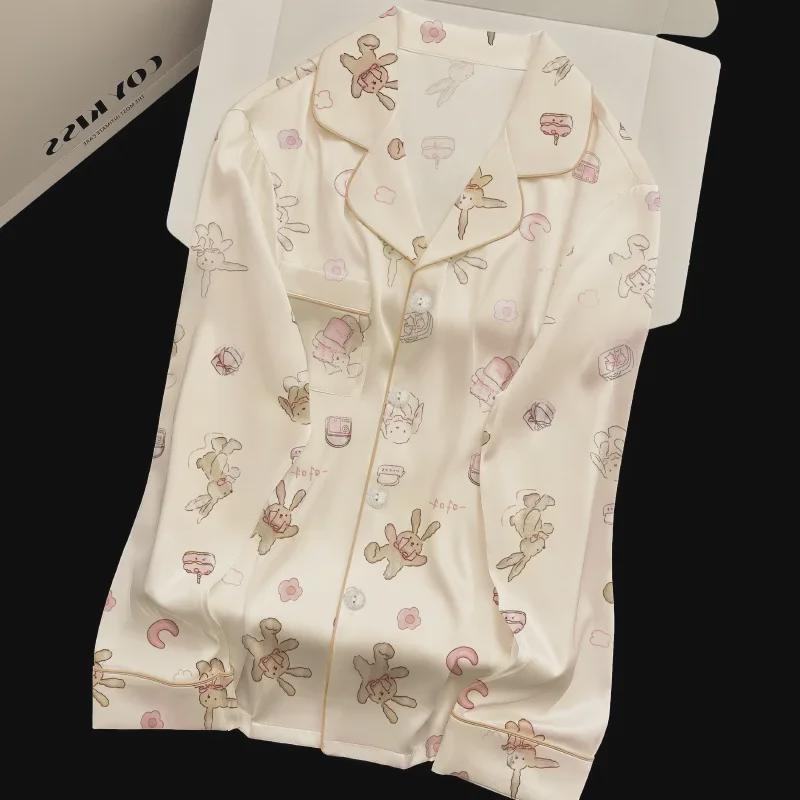 Pyjamas set med kanintryck för vår och höst: Reversblus & Långärmade Byxor