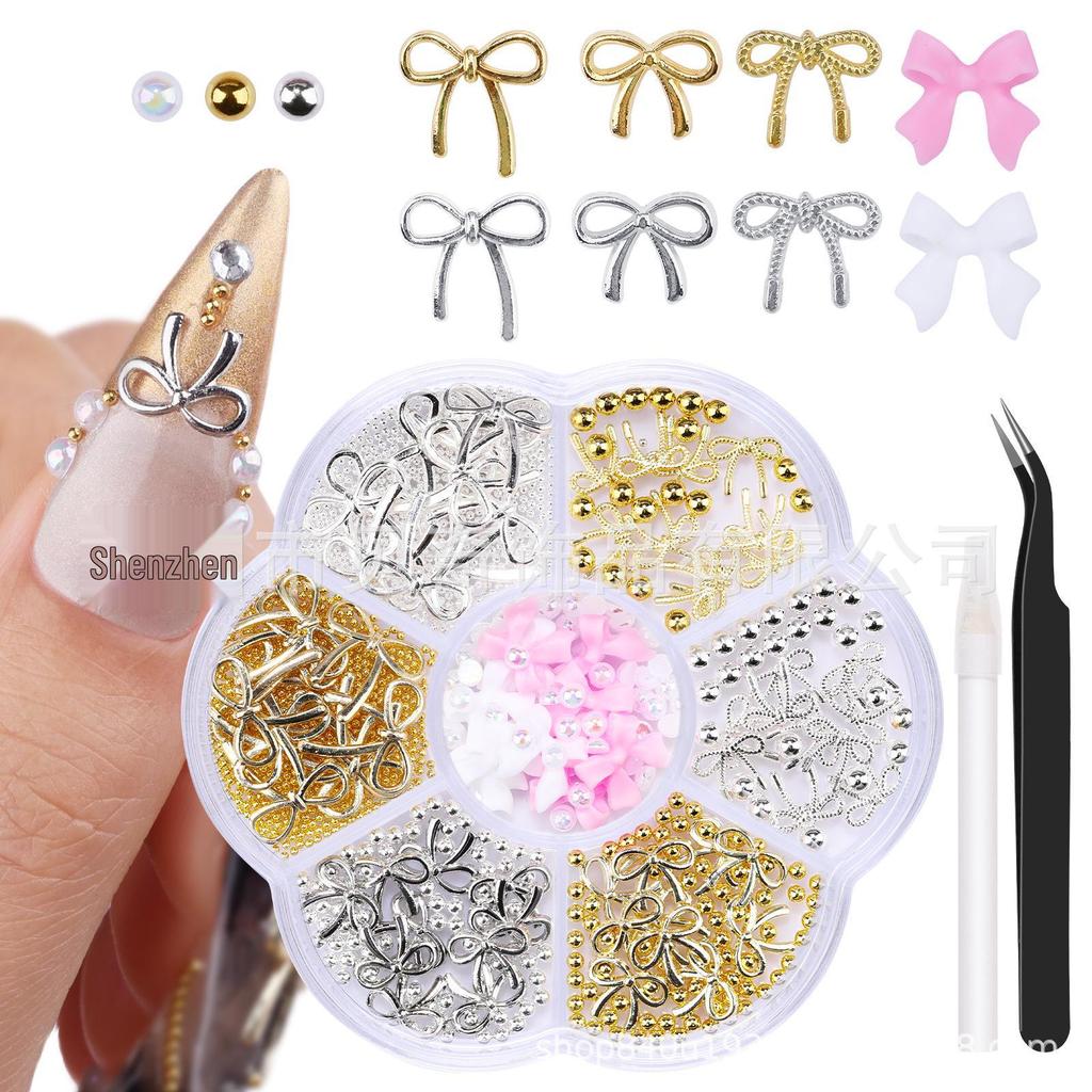 2026 Trendy Nail Art Rhinestones: Mixed Styles Metal Bow, Flat-Backed, Seven-Grids Nail Decorations