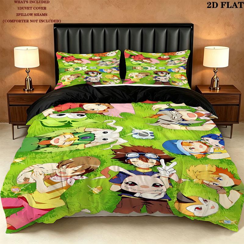 Digimon Adventure Pattern Bedding Quilt Set Quilt Cover Pillowcase Home Birthday Gift(1 * duvet cover + 2 * pillowcase, without core)