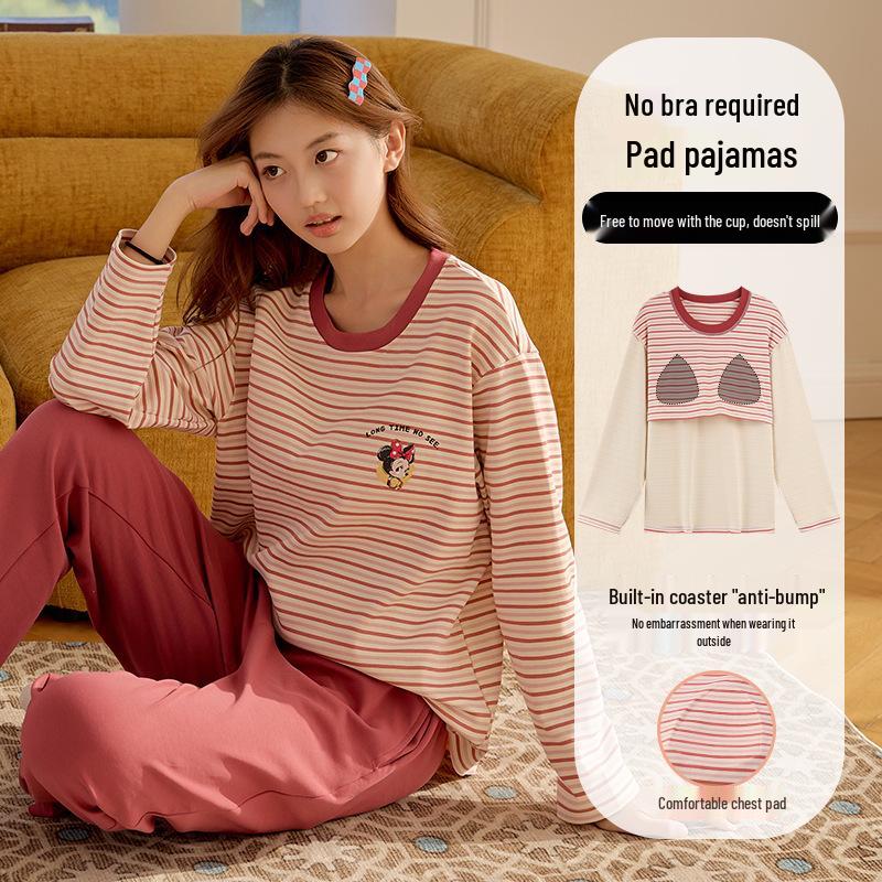 Women's Cute Cartoon Cotton Pajama Set with Chest Pad – Long Sleeve & Pants for Spring/Autumn