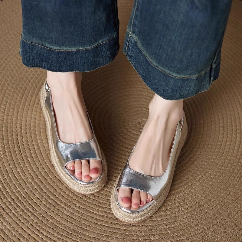 Round head straw woven fish mouth open-toed sandals women's summer wear 2025 new models with skirts to increase the height of the slope heel with