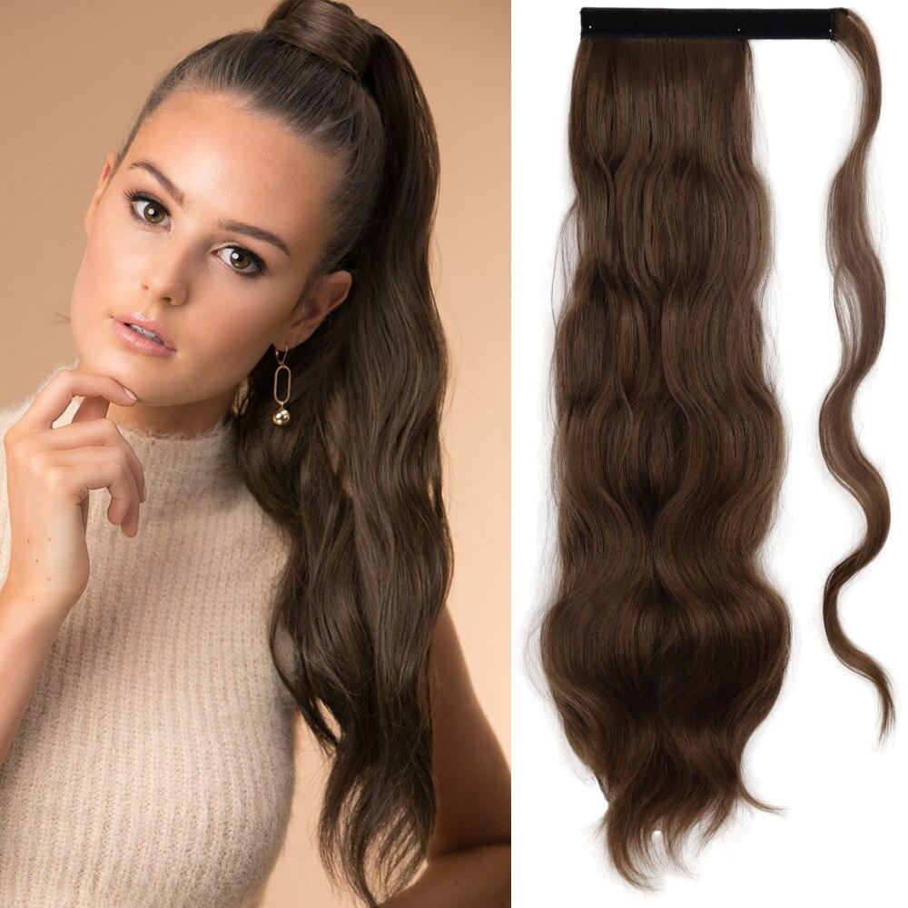 XINRAN Langer, gewellter Pferdeschwanz zum Umwickeln, synthetischer Pferdeschwanz, Clip-in-Haarteil, schwarz-blond, burgunderfarbener Wellen-Pferdeschwanz für Frauen