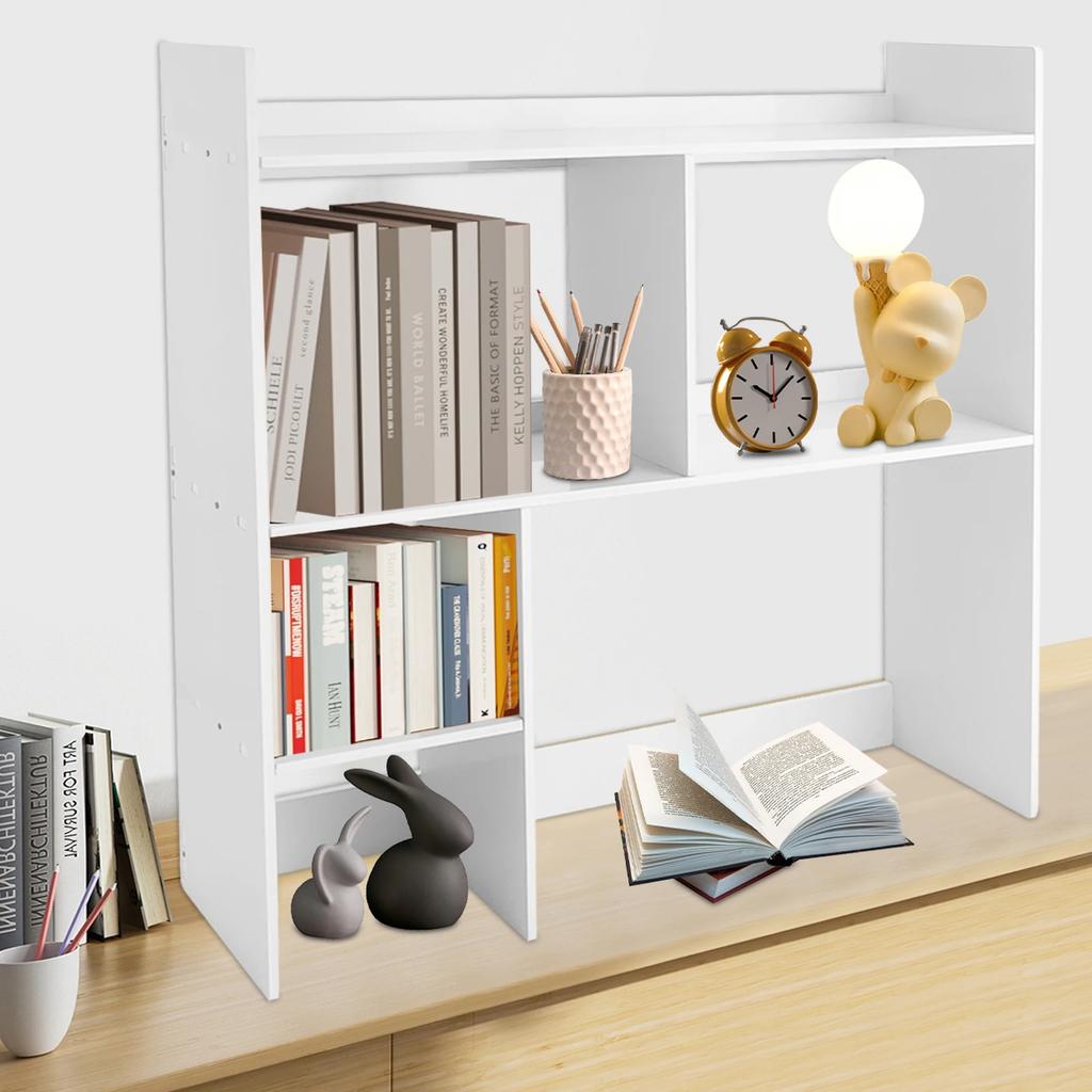 Scaffale Organizzatore da Scrivania Moderno in PVC Bianco con 5 Scomparti Multi-Formato, Porta Documenti Scaffale Portaoggetti per Ufficio, Casa, Scuola e Caffetteria
