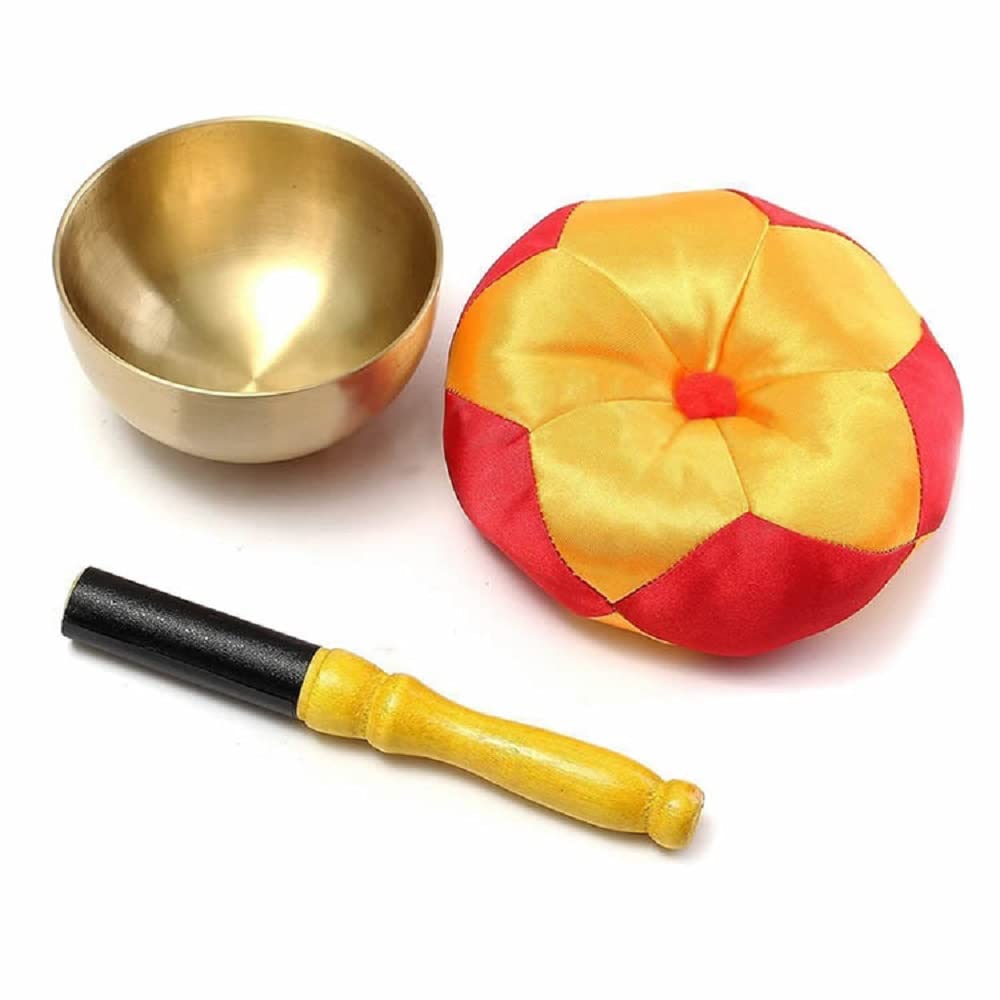 Hiro 3-Piece Orin Set (Rin, Rin-bou, and Zabuton) - 9cm Diameter (3 Sun) - Brass Bell, Ring, and Bell - Buddhist Altar Accessories - Gold Color -