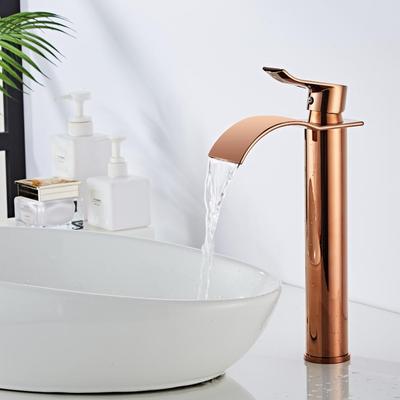 Roségoldener Waschbeckenhahn, Wasserfallhahn, Messing-Badezimmerhahn, Badezimmerwaschbeckenhahn, Mischbatterie, heiß und kalt, Messing-Waschbeckenhahn