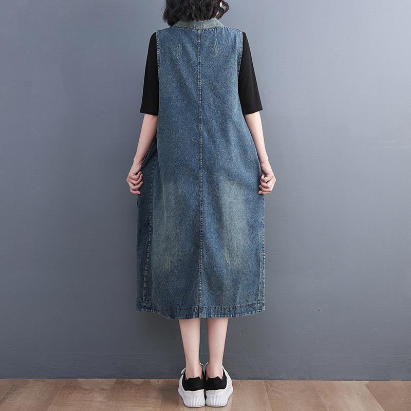 Sommer Plus Größe Mode Ärmellose Frauen Elegante Dame Lange Weste Gürtel Kleid Lose Kleidung Blau Oversize Denim Kleid