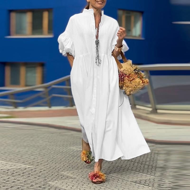

VONDA Women Stand Neck Puff Sleeve Buttons Pleating Casual Loose Long Swing Dress 5XL