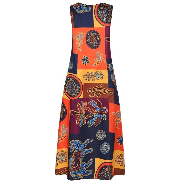 Plus Size Women Swing Dress Cotton Linen Sleeveless V Neck Retro Print with Pockets