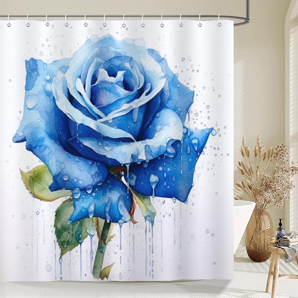 Home Shower Curtains For Bathroom Waterproof Fabric Watercolor Blue Rose Flower Bathroom Curtains With Hooks Decorative Curtain