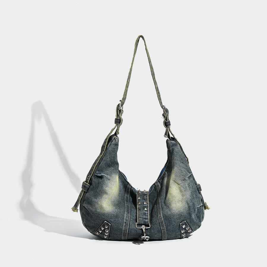 Vintage Rivet Women Shoulder Bags Large Capacity Cowboy Ladies Hobos Handbags Washed Denim Crossbody Bag Big Totes Bolsas Blue