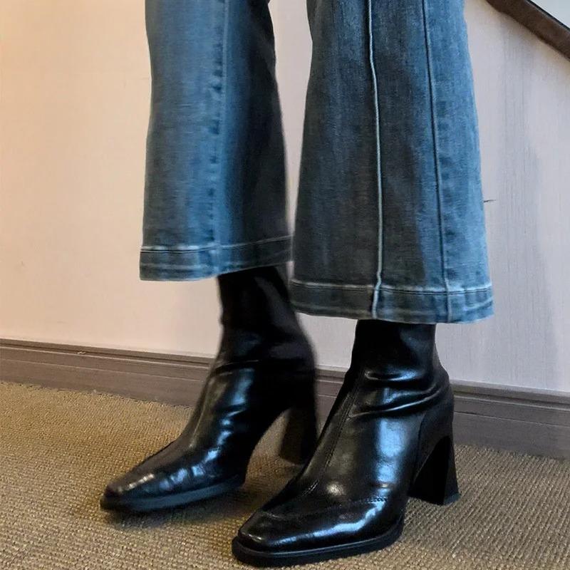 Vintage High Heel Women Ankle Boots Fashion Square Toe Short Booties Autumn Winter Ladies Shoes Botas Mujer