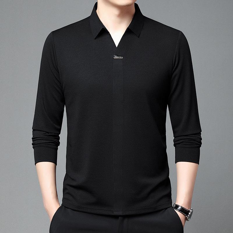 Men Loose Fit Long Sleeve Turn Down Collar Casual Solid Polo Shirt