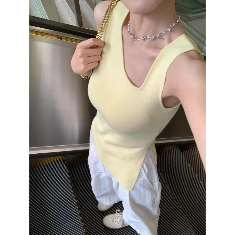 

Women s Summer V Neck Ribbed Knit Tank Top Asymmetric Hem Slim Tee OneSize жёлтый