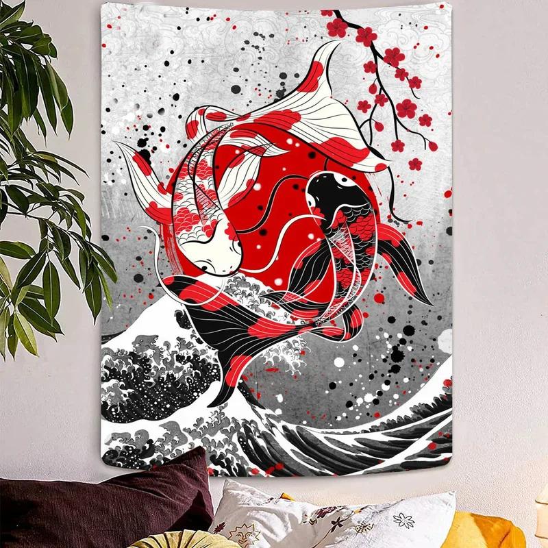 VIKAMA Black And White Japanese Tapestry Koi Cherry Blossoms On Mount Fuji Wabi Sabi Boho Home Office Wall Hanging
