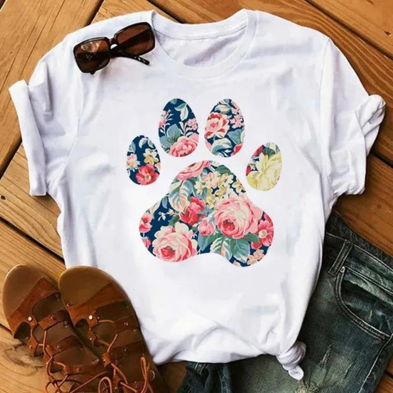 Women T Shirt Cartoon Tops Colorful Heart Dog Paw Print T-shirt Female Summer T-shirt 90s Girls Short Sleeve Tee Black T-shirts