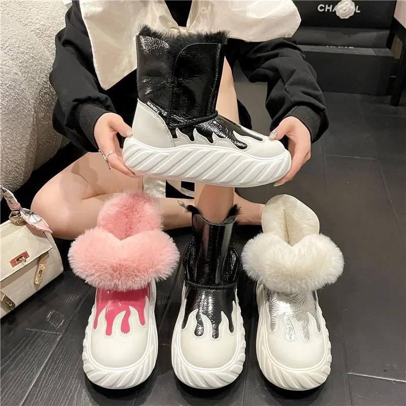 Fashion Snow Boots Women Winter Warm Spliced Platform Ankle Boots Fashion Non-slip Round Toe Plush Thickening Slip On Cotton Shoes