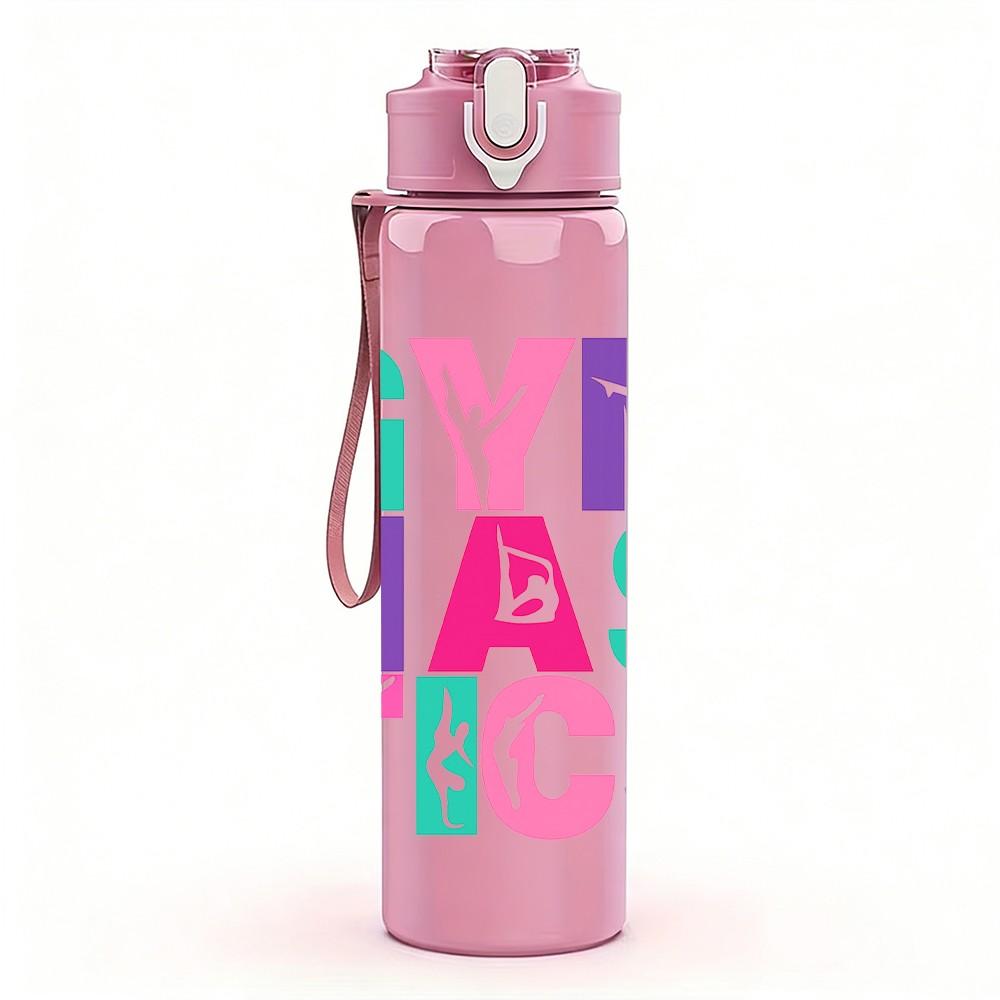 1PC Colorful Gymnastics Letter 750ml Color Plastic Sports Water Bottle Leakproof Flip Straw Lid Suitable for Sports Office Home Use