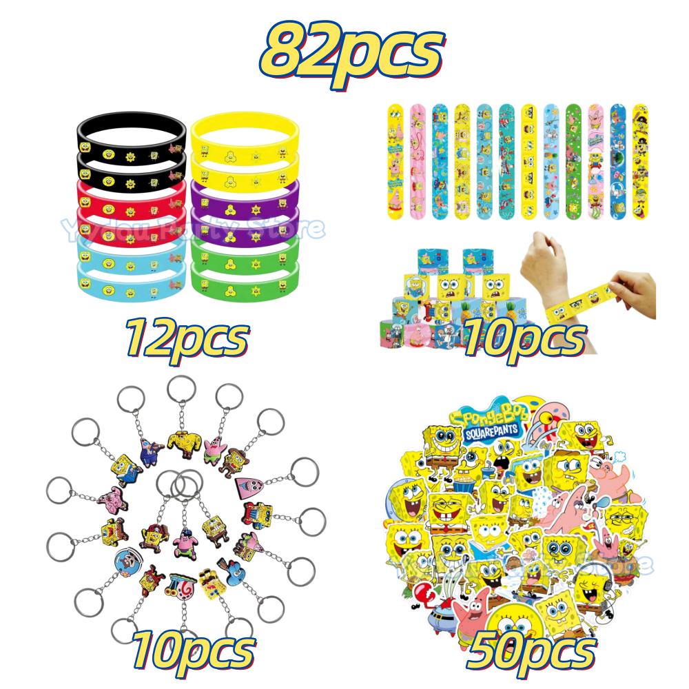 Cartoon Sponge-Bobs Party Favors Bracelet Keychain Stickers Goody Bags Fillers Carnival Prizes Kids Party Gift Birthday Supplies 5