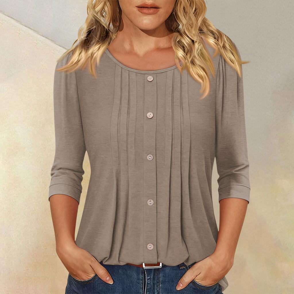 Women's Fashionable Casual Three,quarter Sleeve Button Color Round Neck Top