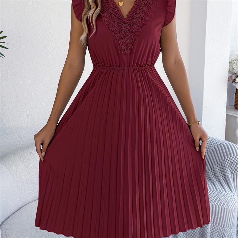 2026 Spring/Summer Women's Lace V-neck Black Ear Edge Waist Pleated Dress S-XL