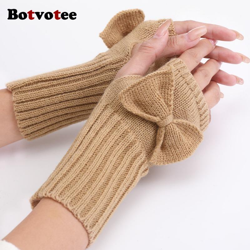Botvotee Bow Arm Warmers Y2k Accessories Sleeves for Women Burgundy Sleeves Warm Winter Knit Soft Arm Guard Fingerless Gloves
