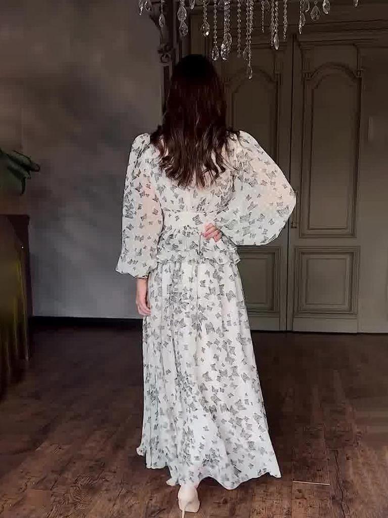 Elegant V-neck Waist-Cinching Long Summer Dress for Women - 2025 European & American Style