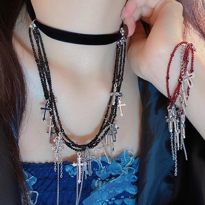 Vintage Cross Necklace Chain Necklace Charm Bracelet Tassels Bracelet Stylish Layered Necklace Suitable for Daily Wear