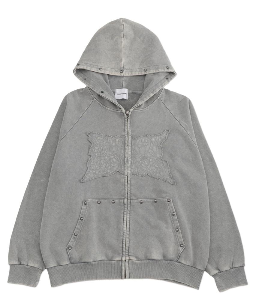 WEGO Powder Bleached Studded Zip Korean Size Gray Men's Hoodie, Sweatshirt, Hooded, Autumn/Winter Clothing, Streetwear, Style, L,