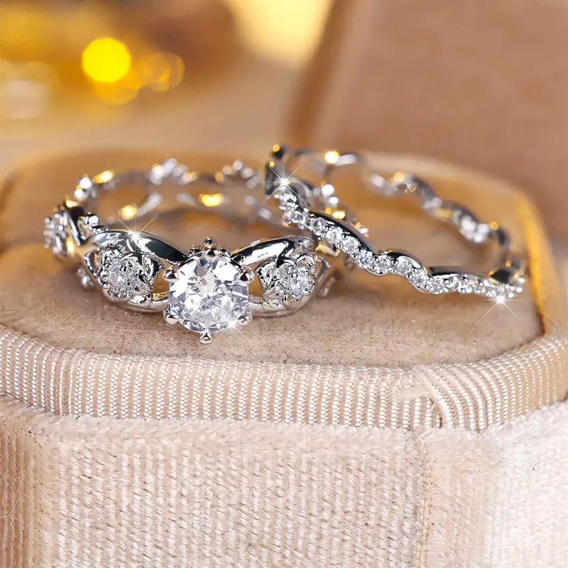 2Pcs Romantic Exquisite Shining Zircon Ring for Ladies European and American Trend Engagement Bride Zircon Fashion Party Gift