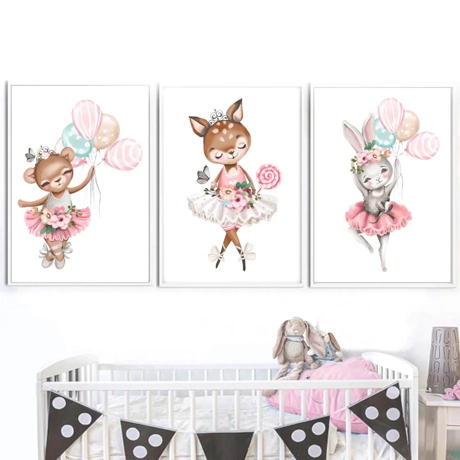 Pink Ballet Bear Rabbit Deer Elephant Flamingo Cat Nursery Wall Art Mural Canvas Painting Poster Print Baby Girl Room Home Decor