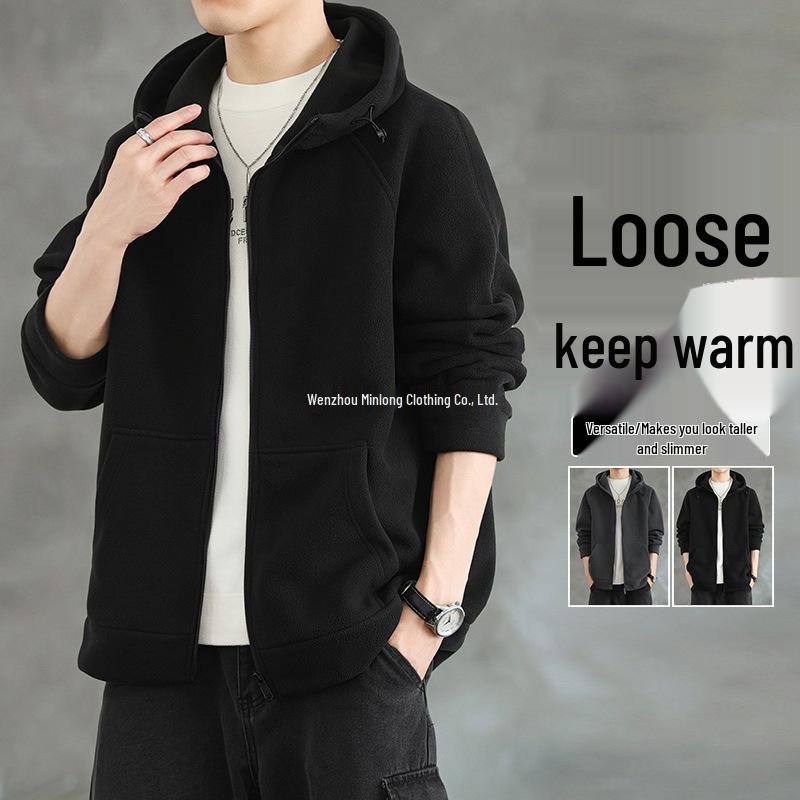 Męska kurtka polarowa z kapturem w dużych rozmiarach - Gruba, ciepła, dwustronna, modny top jesienno-zimowy