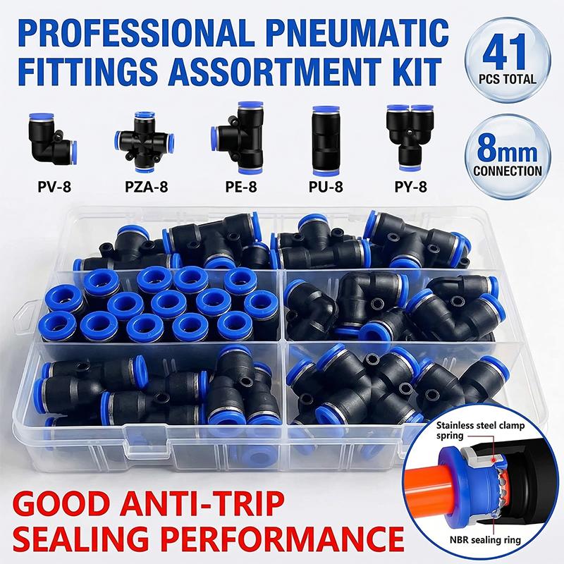 41 PCs Boxed PU-8/PE-8/PZA-8/PY-8/PV-8 Pneumatic Connectors Kit- 8mm 6mm Outer Diameter of The Hose Pipe Tube Air