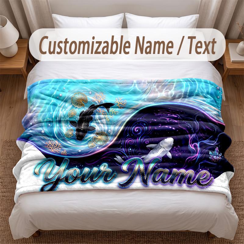Fish Ocean Theme Soft Blanket Personalized Custom Name Text Print Warm Blanket Home Sofa Bedroom Decor