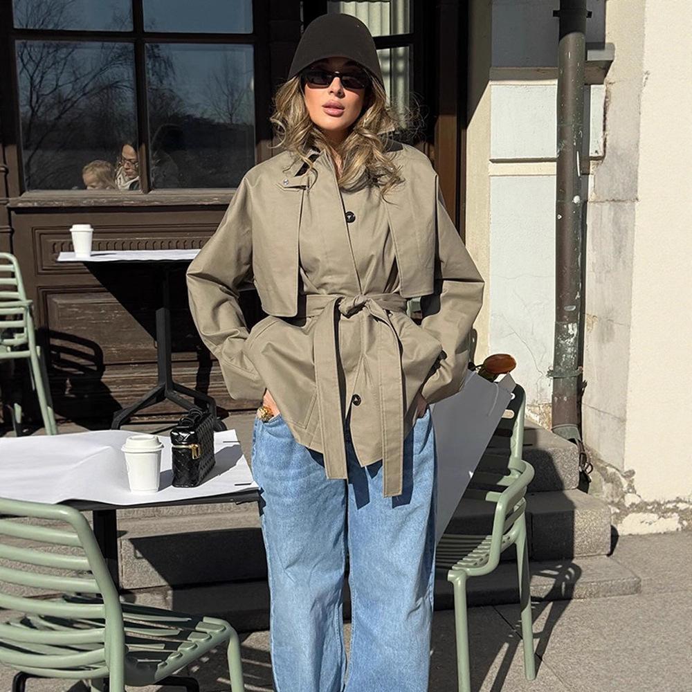 2025 Autumn European & American Fashion Lapel Tie-up Short Trench Coat