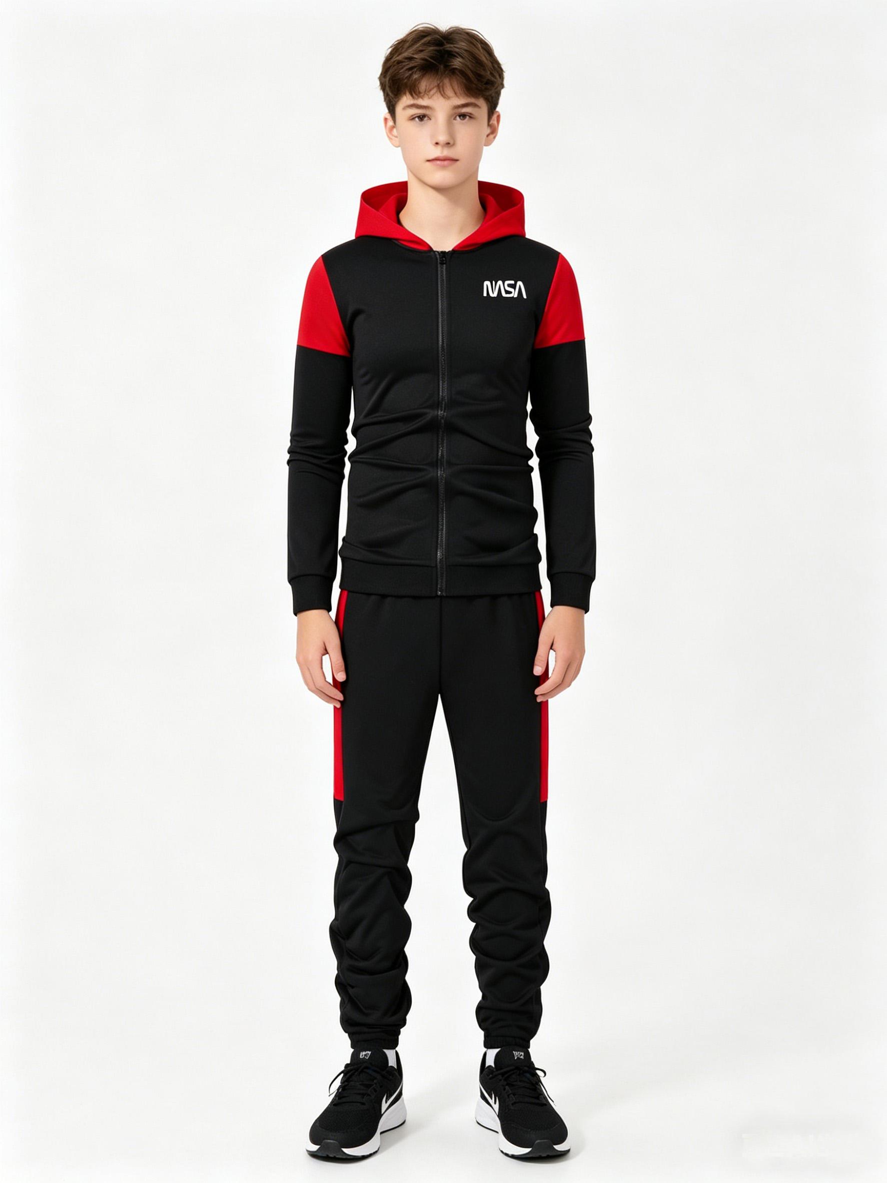 Teen 2-Piece Color Block Outfit, Autumn Winter Hooded Zip Slim Coat with Side Stripe Sweatpants, Casual Daily Commute Tracksuit S чёрный