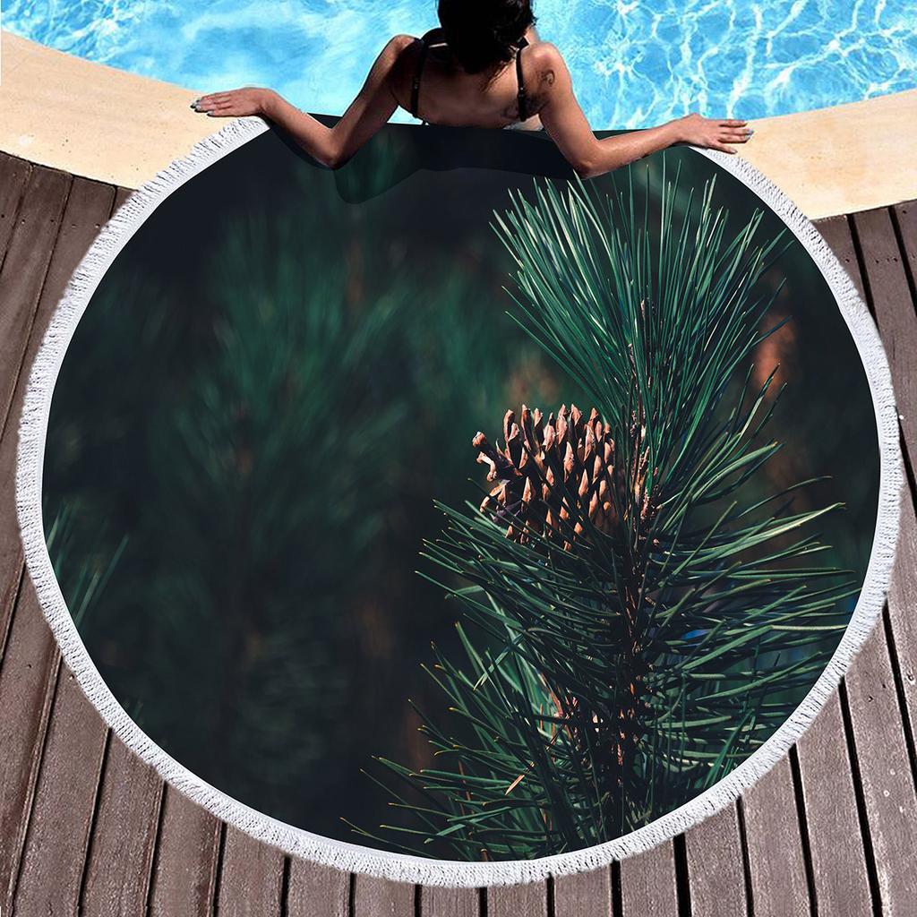 Pine Tree Printed Round Beach Towel with Tassels, Microfiber Beach Blanket, Absorbent Quick Dry Pool Towel Portable Picnic Mat