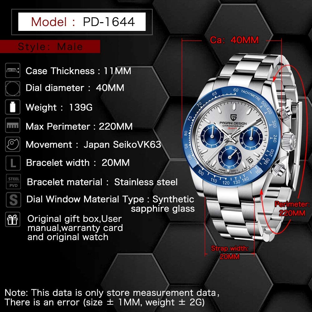 Pagani Design SEIKO Quartz Daytona with Ceramic Dress Stainless Steel Sapphire PAGANI DESIGN Men's Watch, Japanese-made Movement, Chronograph, Case,