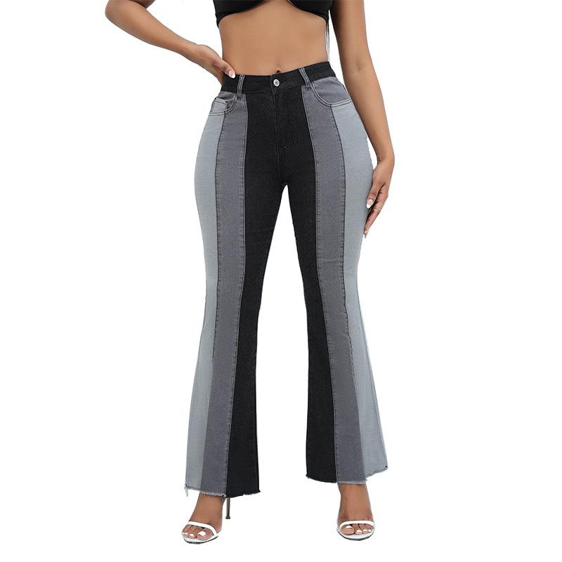 European and American Style Stretch Fashionable Washed Contrasting Jeans Women High Waist Retro Design Long Pants