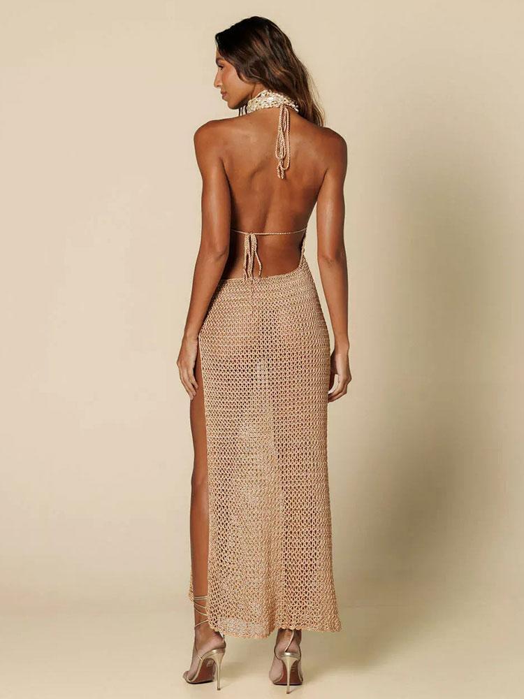 Sexy Slim Low-cut Tie Knit Halter Cut Out Circle Decoration High Slit Beach Maxi Dress 2025 Women Summer Swimsuit Cover Up K88