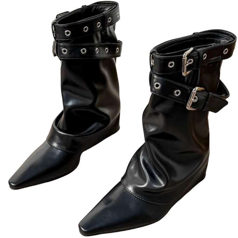 French temperament Spice Girl belt buckle trouser boots women's 2025 new pointed wedge short boots white medium tube knight boots