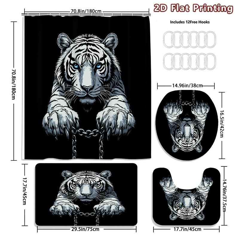 4Pcs Captive Tiger Shower Curtain Set with Non-Slip Bath Mat, Toilet Lid Cover, Contour Rug & 12 Hooks, Bathroom Decor