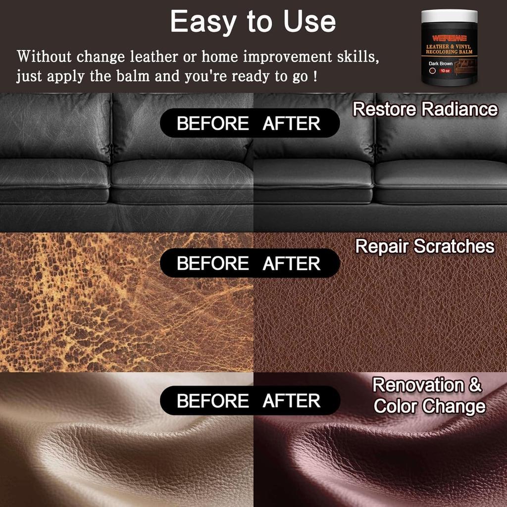 Leather Recoloring Balm, 10 OZ Dark Brown Leather Dye Recolor, Leather Scratch Remover, Leather Repair Kit for Furniture Restore & Renew Restore