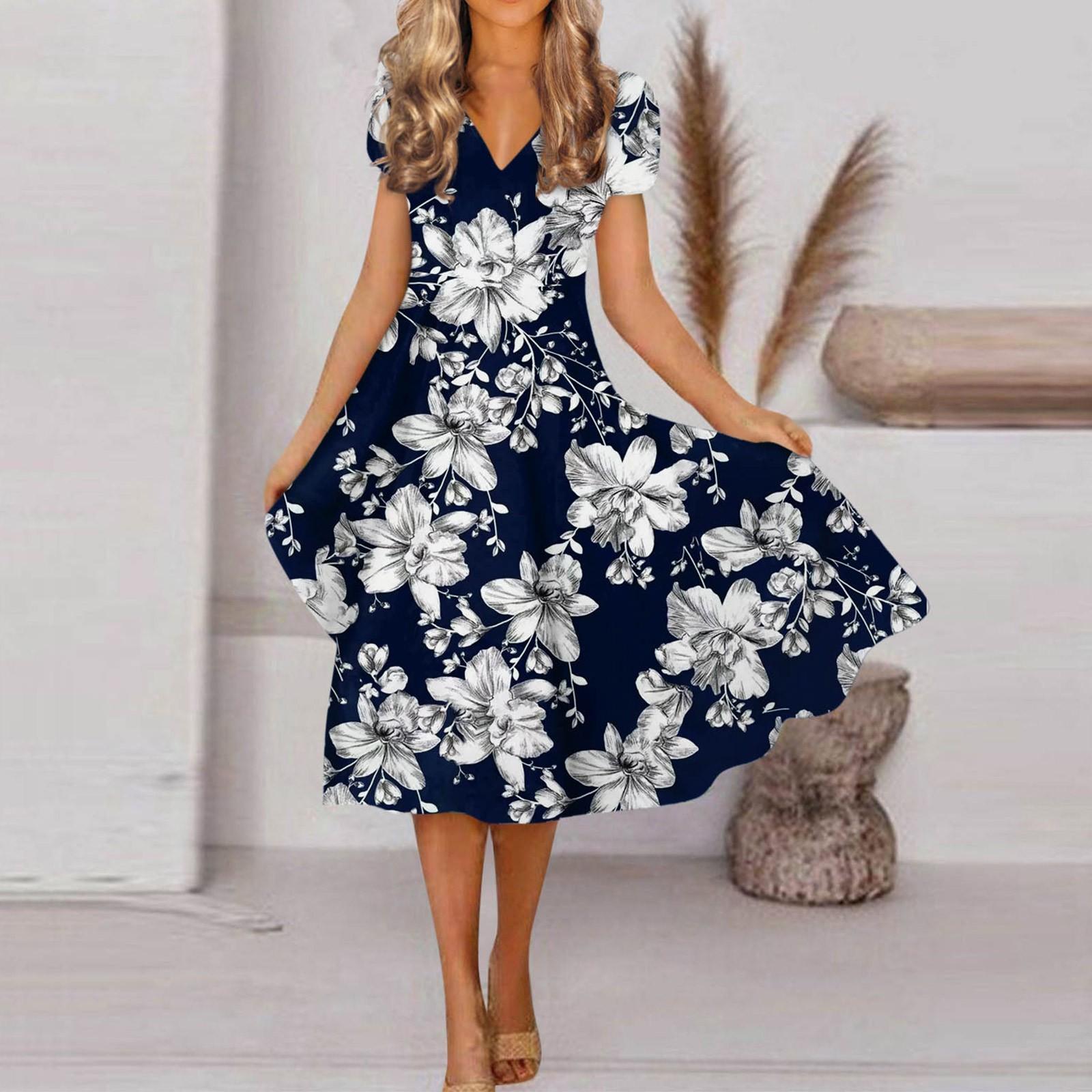 Женское весенне-летнее модное платье с V-образным вырезом и коротким рукавом с цветочным — фото 6