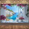 1 Mediterranean Seaside Banner with Vibrant Nine Layered Kudzu Flowers Blue Ocean and Painted Architectural Design