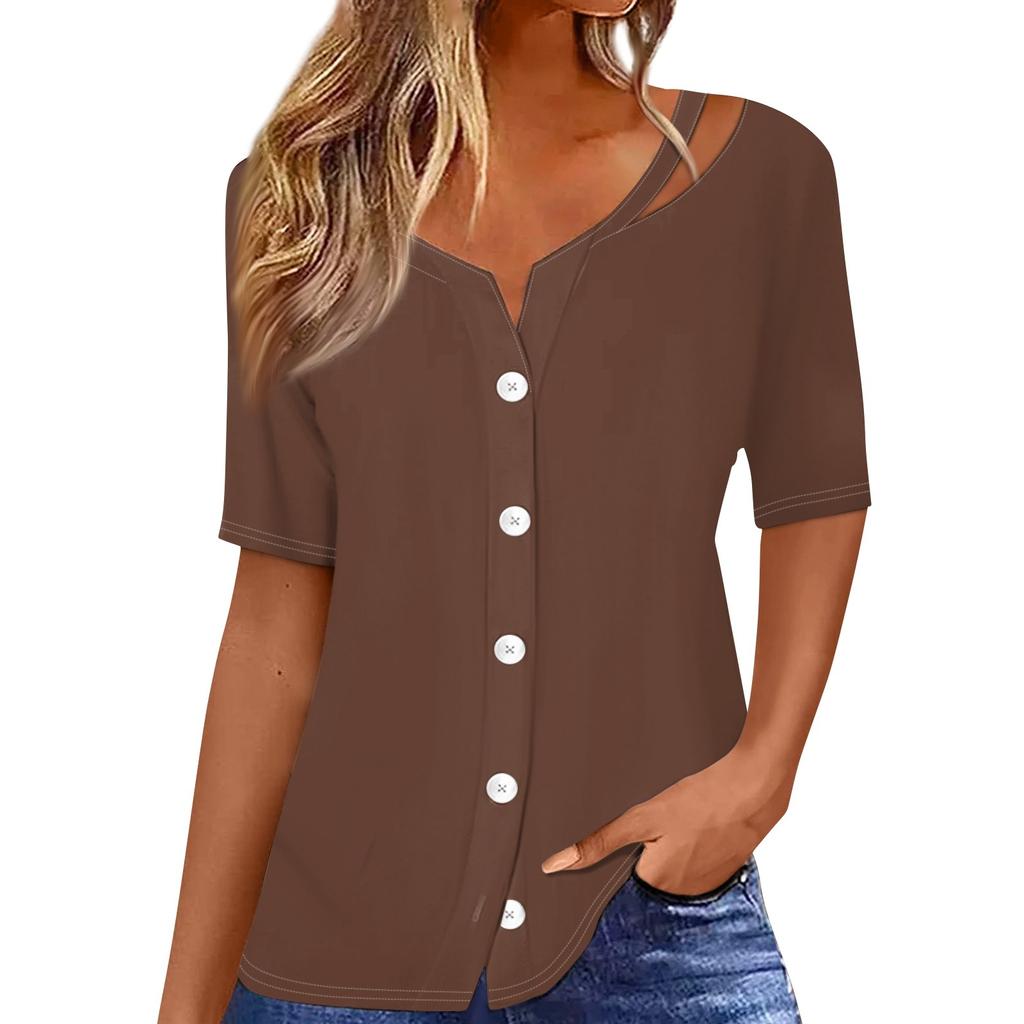 Women's T Shirt Tee Print Short Sleeve V-Neck Button Up Cardigan T-shirt Top